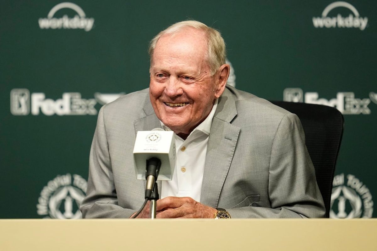 Jack Nicklaus speaks to media prior to the start of the Memorial Tournament at Muirfield Village Golf Club in Dublin, Ohio on May 27, 2025.