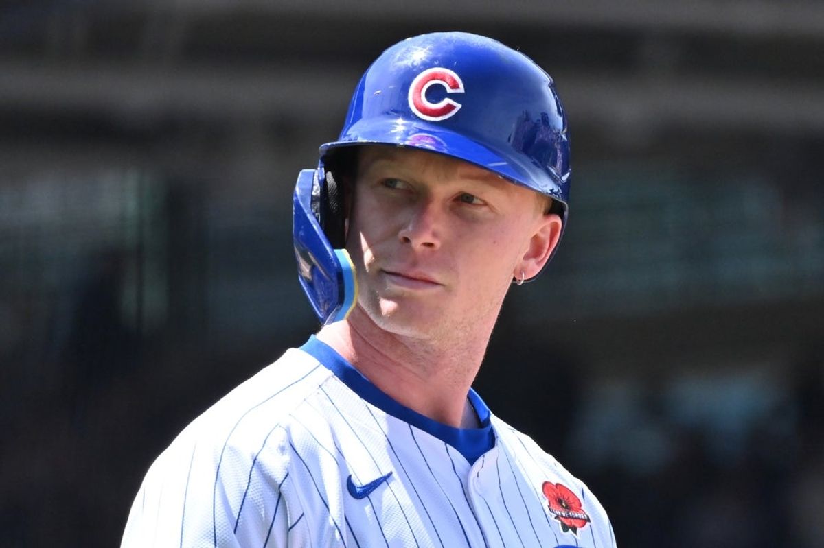 May 26, 2025; Chicago, Illinois, USA; Chicago Cubs center fielder Pete Crow-Armstrong (4) looks on during a game against the Colorado Rockies at Wrigley Field. Mandatory Credit: Patrick Gorski-Imagn Images