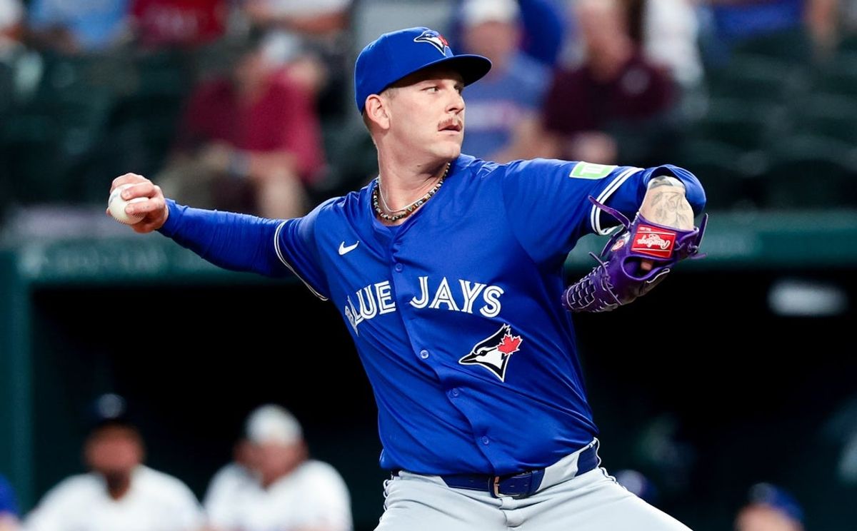 May 27, 2025; Arlington, Texas, USA; Toronto Blue Jays starting pitcher Bowden Francis (44) throws during the first inning against the Texas Rangers at Globe Life Field. Mandatory Credit: Kevin Jairaj-Imagn Images