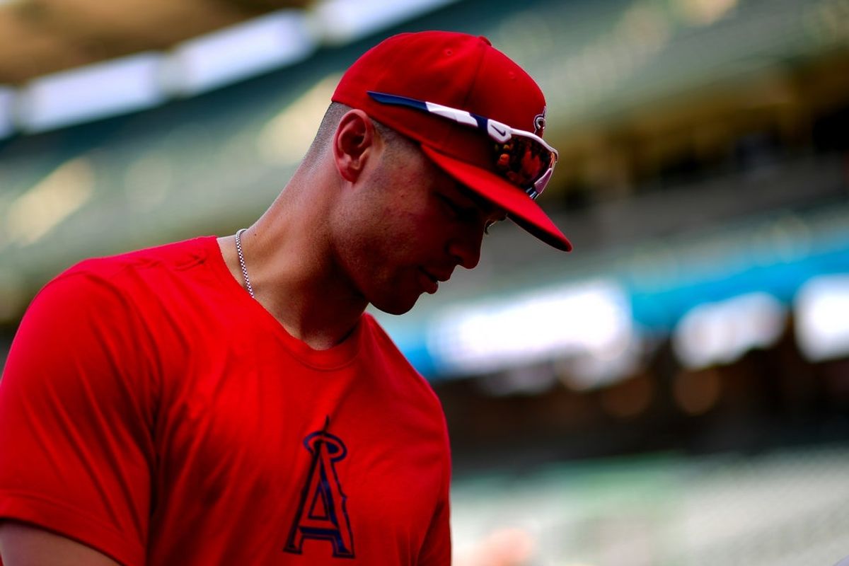 May 27, 2025; Anaheim, California, USA; Los Angeles Angels catcher Logan O'Hoppe (14) before playing against the New York Yankees at Angel Stadium. Mandatory Credit: Gary A. Vasquez-Imagn Images
