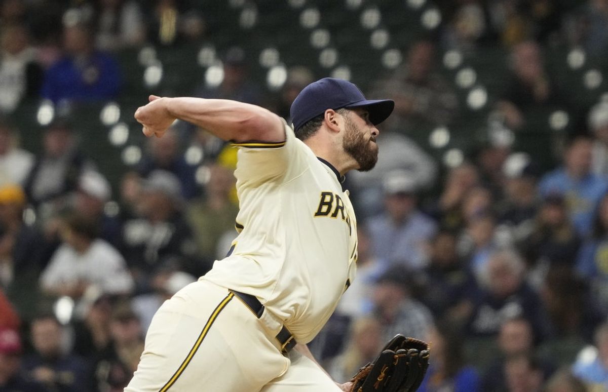 May 27, 2025; Milwaukee, Wisconsin, USA; Milwaukee Brewers pitcher Aaron Civale (32) delivers a pitch against the Boston Red Sox in the fourth inning at American Family Field. Mandatory Credit: Michael McLoone-Imagn Images