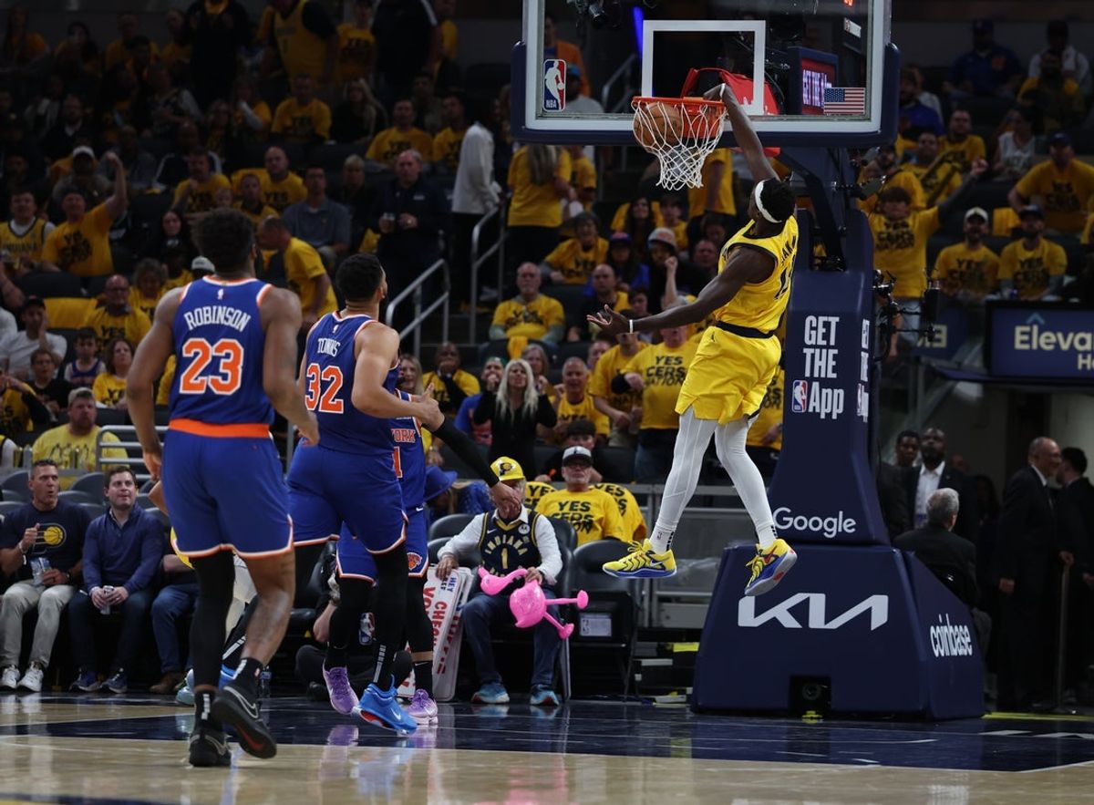 May 27, 2025; Indianapolis, Indiana, USA; Indiana Pacers forward Pascal Siakam (43) dunks during the third quarter against the New York Knicks of game four of the eastern conference finals for the 2025 NBA Playoffs at Gainbridge Fieldhouse. Mandatory Credit: Trevor Ruszkowski-Imagn Images