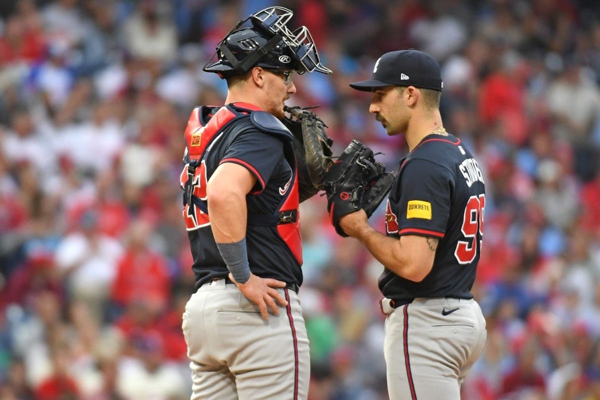 May 27, 2025; Philadelphia, Pennsylvania, USA; Atlanta Braves catcher Sean Murphy (12) and pitcher Spencer Strider (99) during the second inning against the Philadelphia Phillies at Citizens Bank Park. Mandatory Credit: Eric Hartline-Imagn Images