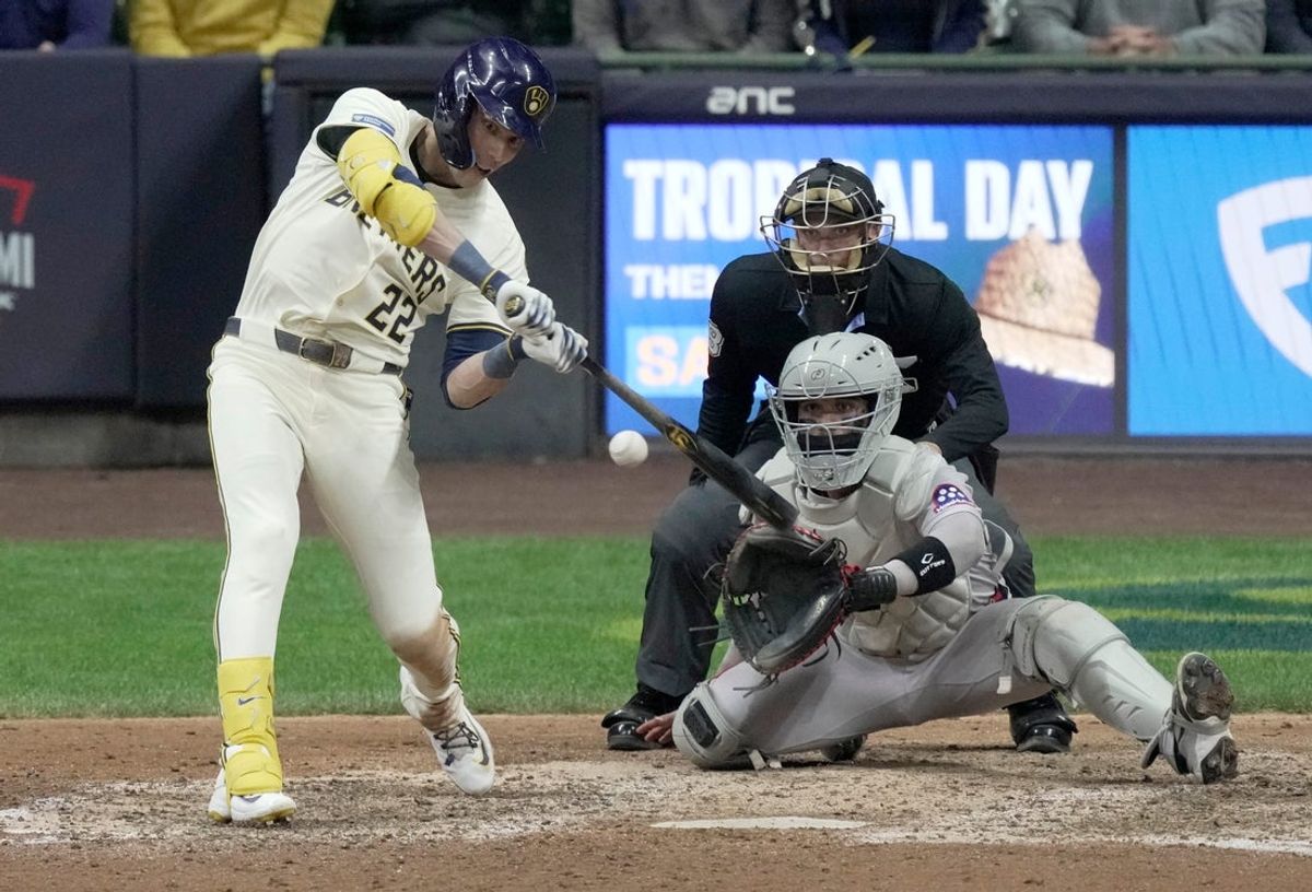 Milwaukee Brewers outfielder Christian Yelich (22) hits a walk-off grand slam home run during the tenth inning of their game against the Boston Red Sox Tuesday, May 27, 2025 at American Family Field in Milwaukee, Wisconsin. The Brewers beat the Red Sox 5-1 in 10 innings.