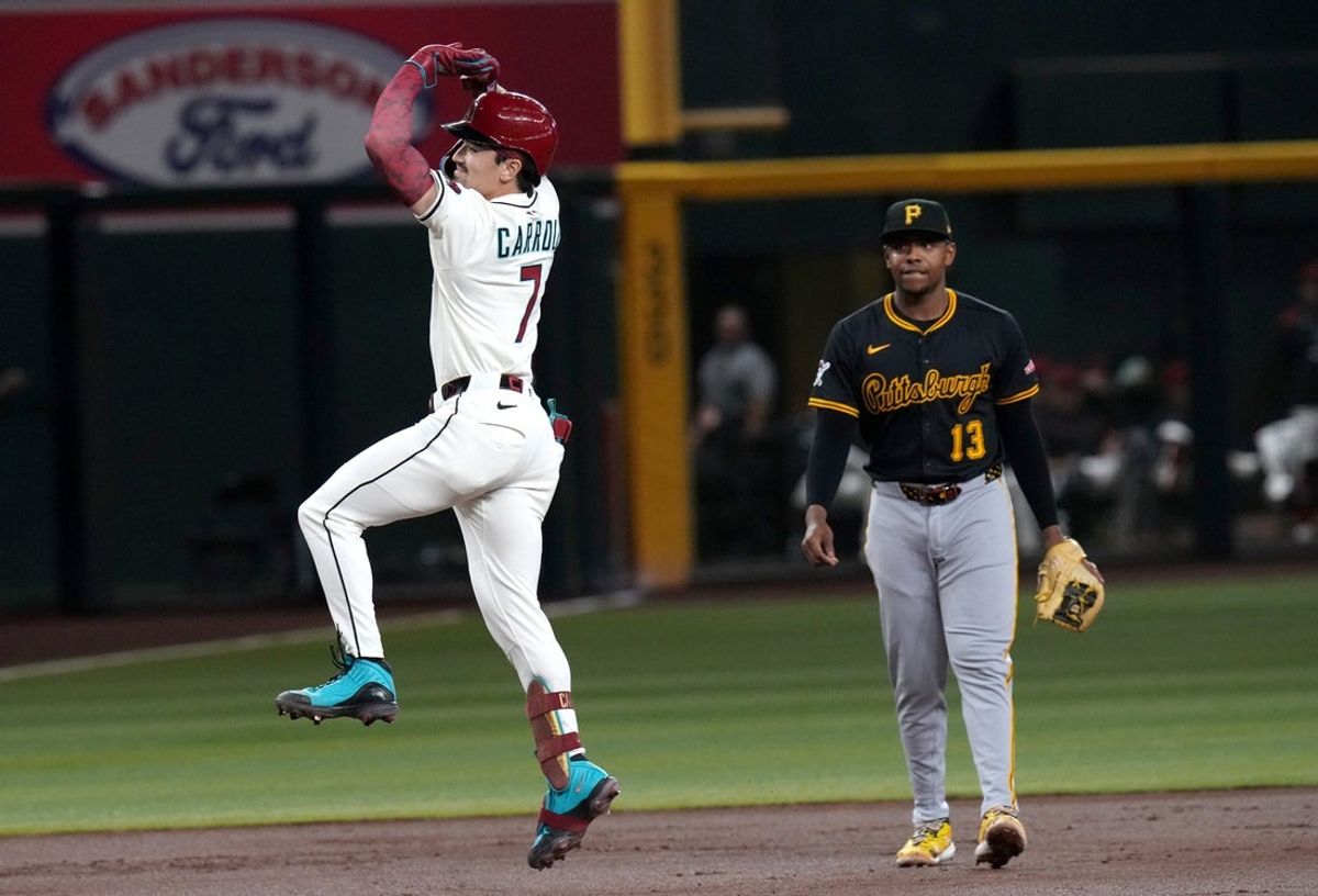 Arizona Diamondbacks player Corbin Carroll (7) celebrates his solo home run against the Pittsburgh Pirates at Chase Field in Phoenix on May 27, 2025.