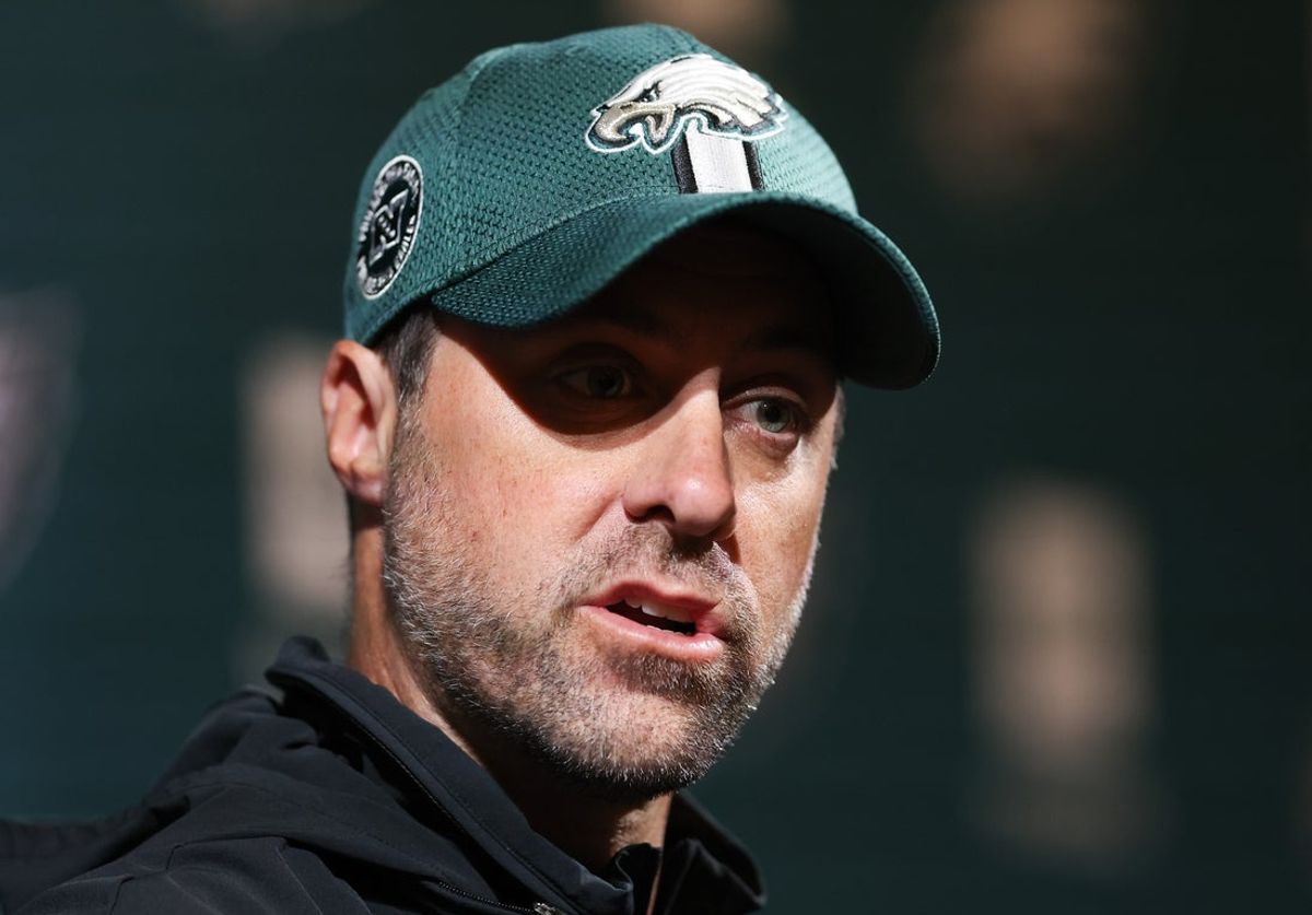 May 28, 2025; Philadelphia, PA, USA;  Philadelphia Eagles offensive coordinator Kevin Patullo speaks with the media at NovaCare Complex. Mandatory Credit: Bill Streicher-Imagn Images