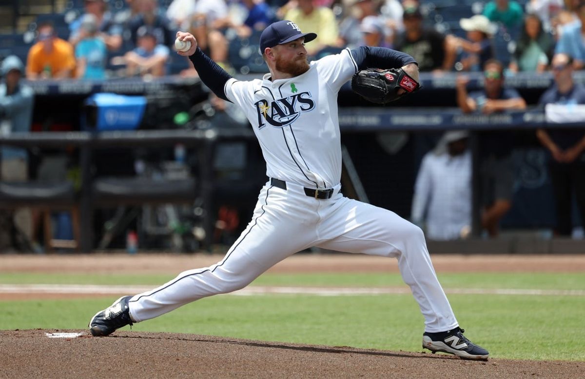 May 28, 2025; Minneapolis, Minnesota, USA; Tampa Bay Rays starting pitcher Drew Rasmussen (57)  throws a pitch against the Minnesota Twins during the first inning  at George M. Steinbrenner Field. Mandatory Credit: Kim Klement Neitzel-Imagn Images