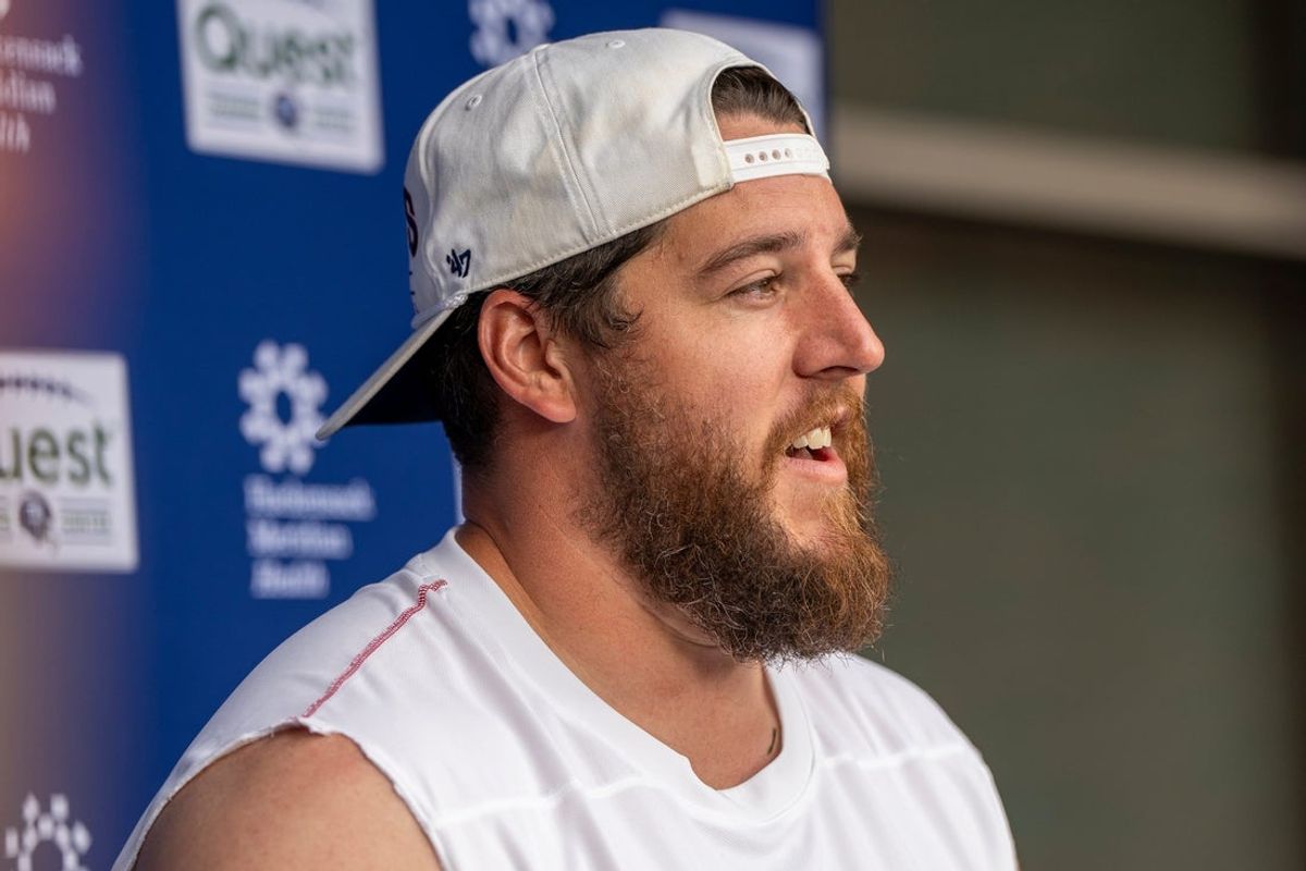 Greg Van Roten, a guard with the NY Giants, speaks to the press after a practice at Quest Diagnostics Training Center, East Rutherford, NJ, May 28, 2025.