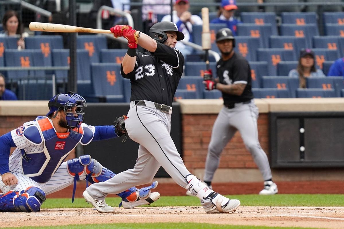 May 28, 2025; New York, New York, USA; Chicago White Sox left fielder Andrew Benintendi (23) bats during the first inning against the New York Mets at Citi Field. Mandatory Credit: Lucas Boland-Imagn Images