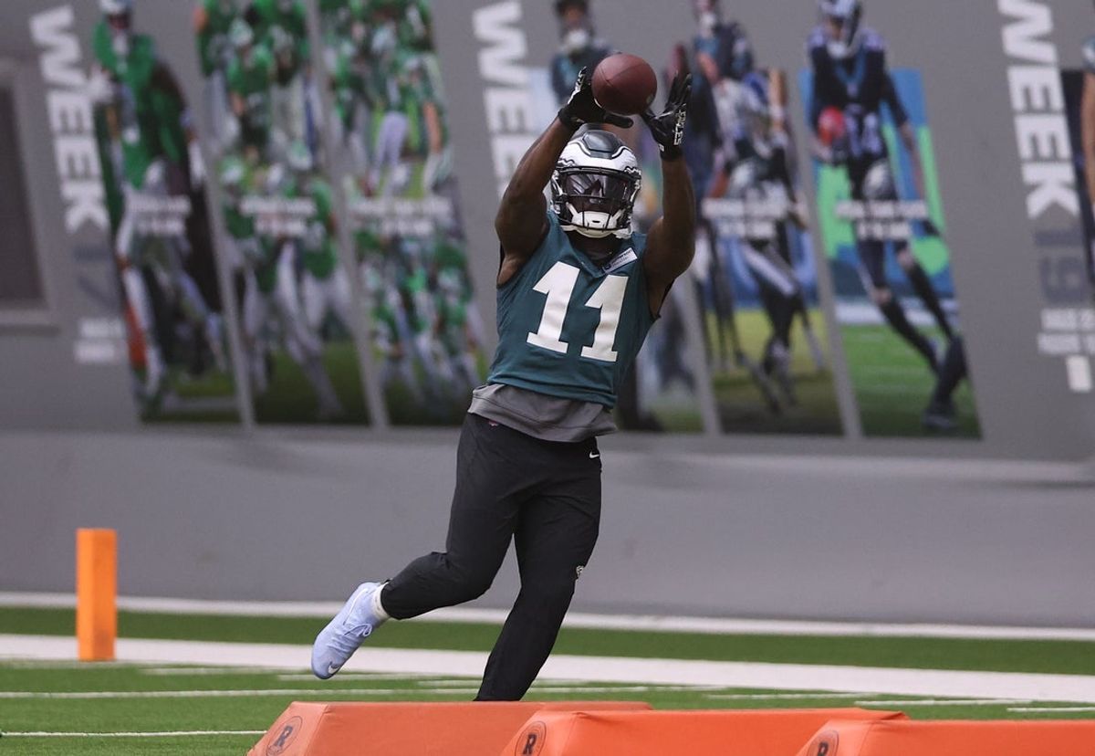 May 28, 2025; Philadelphia, PA, USA; Philadelphia Eagles wide receiver A.J. Brown (11) catches a ball during OTAs at NovaCare Complex. Mandatory Credit: Bill Streicher-Imagn Images