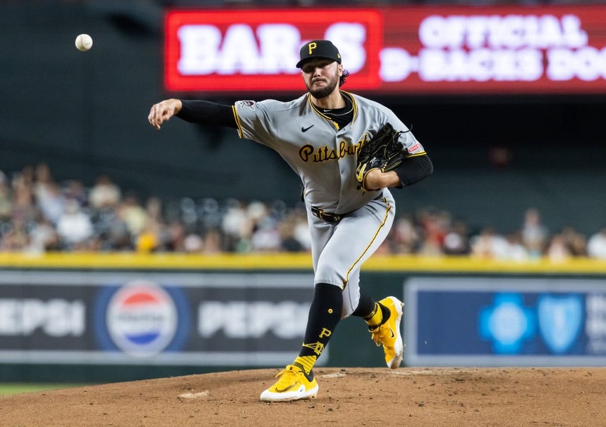 May 28, 2025; Phoenix, Arizona, USA; Pittsburgh Pirates pitcher Paul Skenes against the Arizona Diamondbacks in the first inning at Chase Field. Mandatory Credit: Mark J. Rebilas-Imagn Images