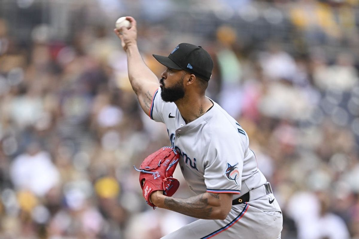 May 28, 2025; San Diego, California, USA; Miami Marlins starting pitcher Sandy Alcantara (22) delivers during the first inning against the San Diego Padres at Petco Park. Mandatory Credit: Denis Poroy-Imagn Images