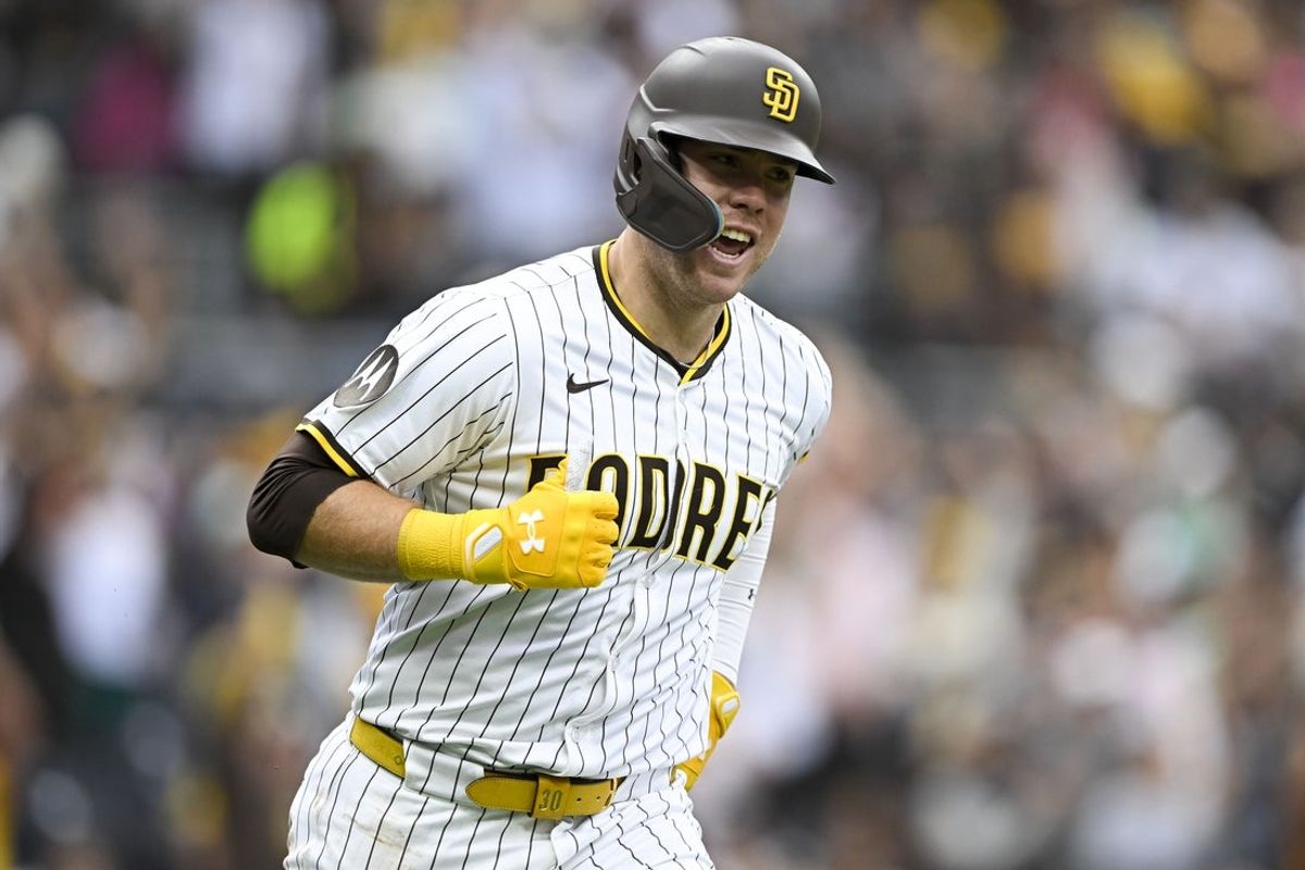 May 28, 2025; San Diego, California, USA; San Diego Padres first baseman Gavin Sheets (30) rounds the bases after hitting a two-run home run during the seventh inning against the Miami Marlins at Petco Park. Mandatory Credit: Denis Poroy-Imagn Images