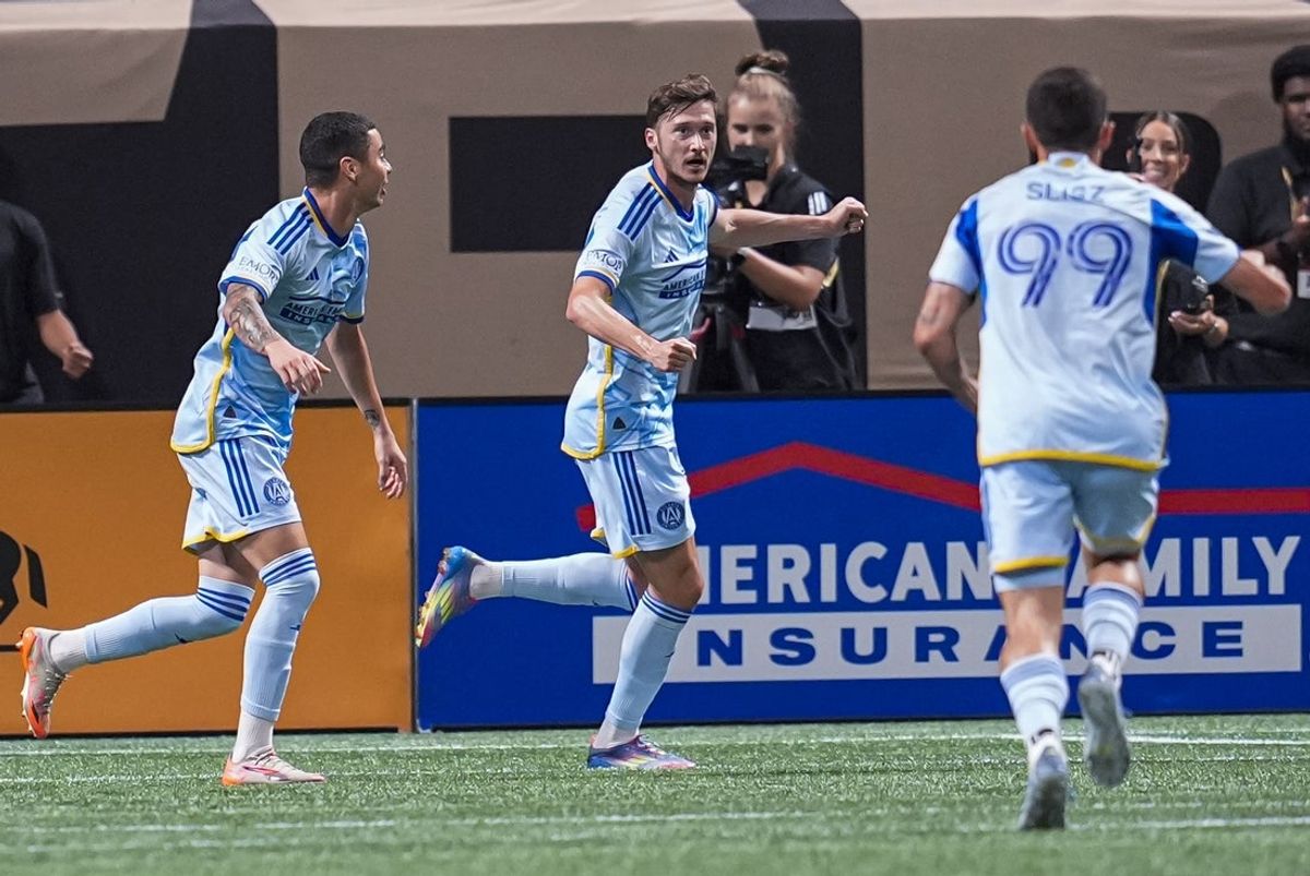 May 28, 2025; Atlanta, Georgia, USA; Atlanta United midfielder Aleksey Miranchuk (59) reacts after scoring a goal against Orlando City during the first half at Mercedes-Benz Stadium. Mandatory Credit: Dale Zanine-Imagn Images
