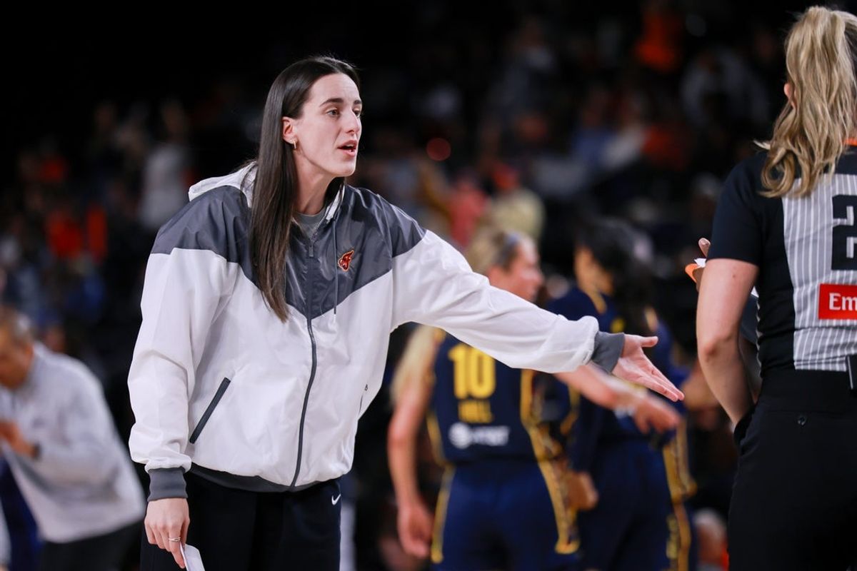 May 28, 2025; Washington, District of Columbia, USA; Indiana Fever guard Caitlin Clark talks with the referee after the second quarter agains the Washington Mystics at Entertainment & Sports Arena. Mandatory Credit: Emily Faith Morgan-Imagn Images