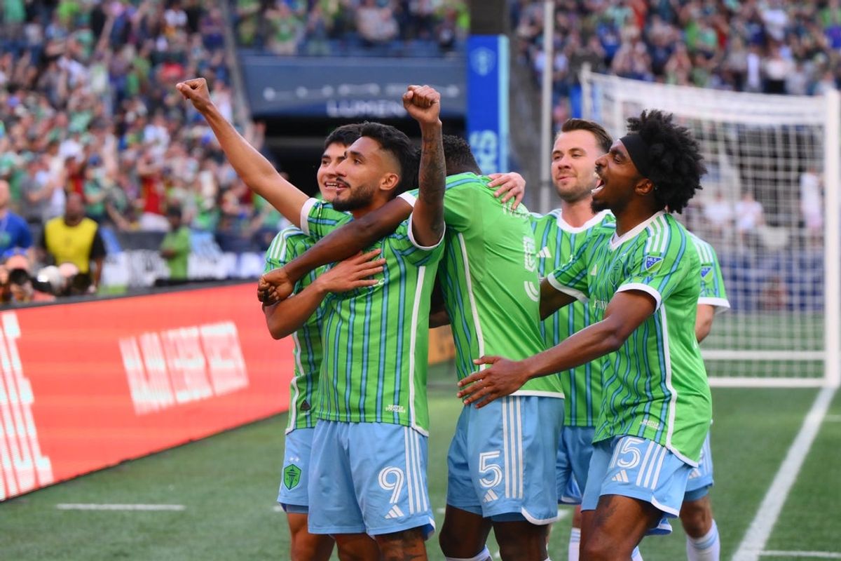 May 28, 2025; Seattle, Washington, USA; The Seattle Sounders FC celebrate after a goal scored by forward Jesus Ferreira (9) during the second half against San Diego FC at Lumen Field. Mandatory Credit: Steven Bisig-Imagn Images