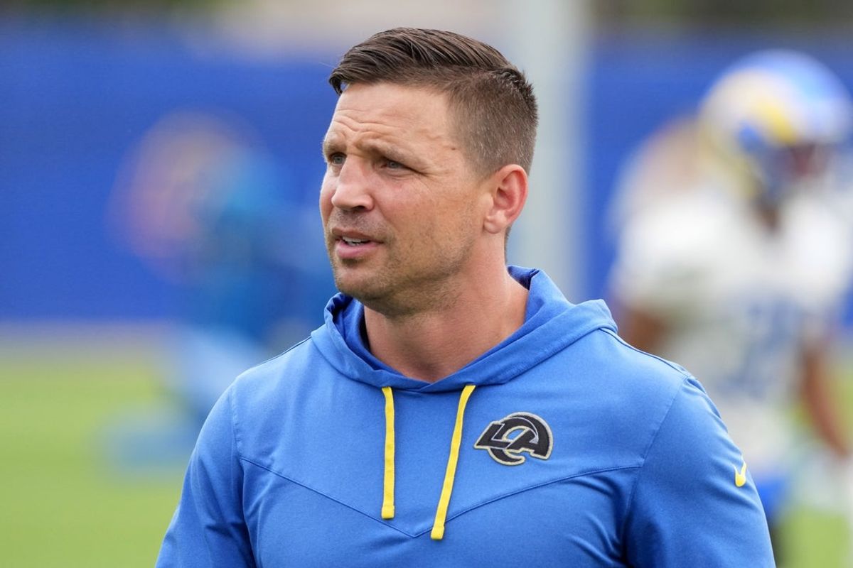 May 28, 2025; Woodland Hills, CA, USA; Los Angeles Rams defensive coordinator Chris Shula during organized team activities at Rams Practice Facility. Mandatory Credit: Kirby Lee-Imagn Images