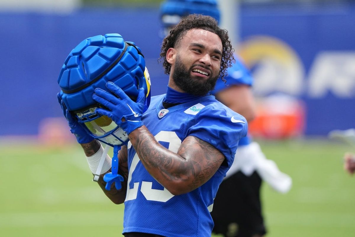 May 28, 2025; Woodland Hills, CA, USA; Los Angeles Rams running back Kyren Williams (23)during organized team activities at Rams Practice Facility. Mandatory Credit: Kirby Lee-Imagn Images