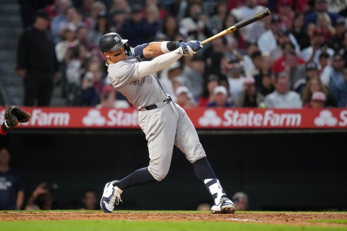 May 28, 2025; Anaheim, California, USA; New York Yankees designated hitter Aaron Judge (99) bats in the fifth inning against the Los Angeles Angels at Angel Stadium. Mandatory Credit: Kirby Lee-Imagn Images
