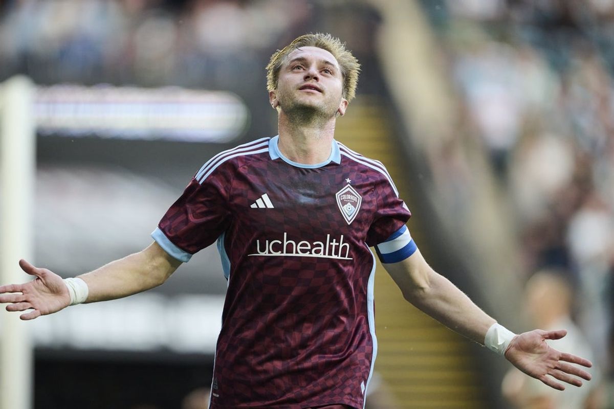 May 28, 2025; Portland, Oregon, USA; Colorado Rapids midfielder Djordje Mihailovic (10) celebrates after scoring a goal during the first half against the Portland Timbers at Providence Park. Mandatory Credit: Troy Wayrynen-Imagn Images