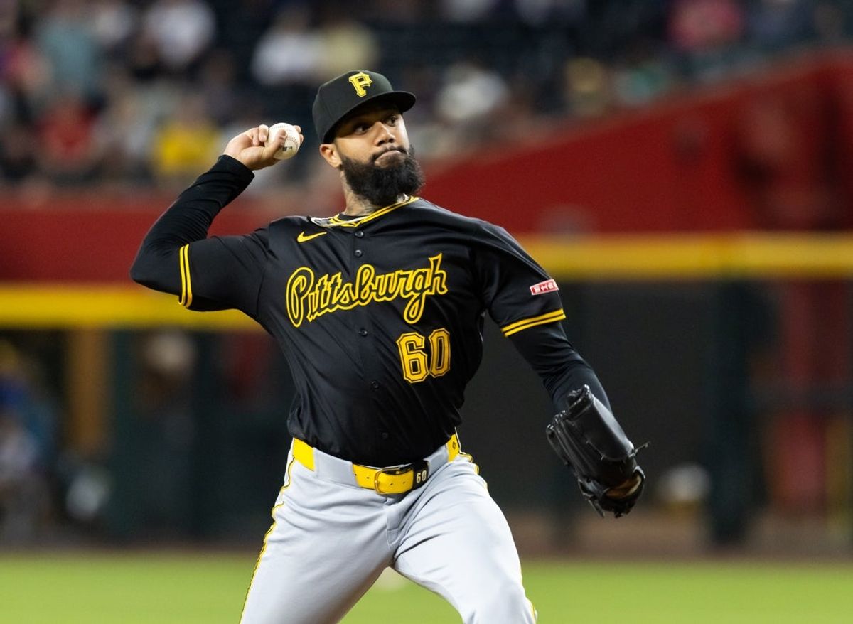 May 27, 2025; Phoenix, Arizona, USA; Pittsburgh Pirates pitcher Dennis Santana against the Arizona Diamondbacks at Chase Field. Mandatory Credit: Mark J. Rebilas-Imagn Images