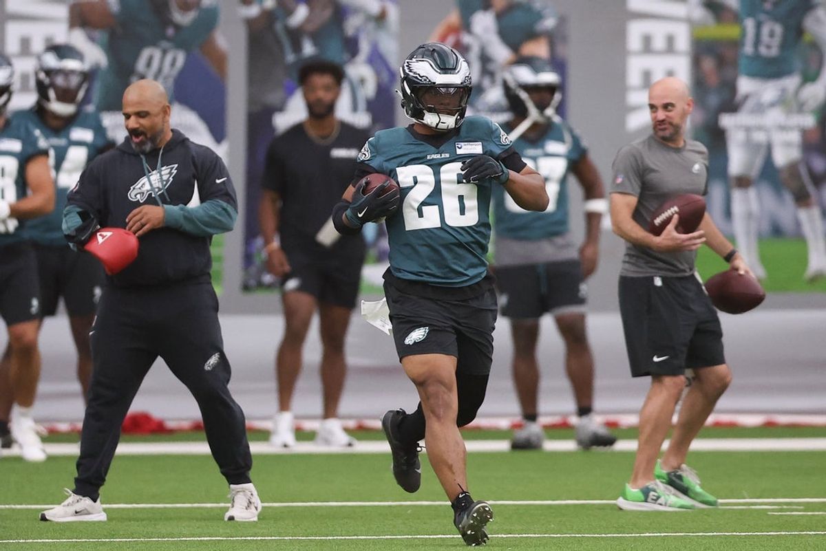 May 28, 2025; Philadelphia, PA, USA; Philadelphia Eagles running back Saquon Barkley (26) during OTAs at NovaCare Complex. Mandatory Credit: Bill Streicher-Imagn Images