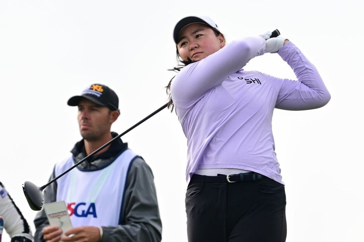 May 29, 2025; Erin, Wisconsin, USA; Allisen Corpuz tees off at the 10th hole during the first round of the U.S. Women's Open golf tournament. Mandatory Credit: Benny Sieu-Imagn Images