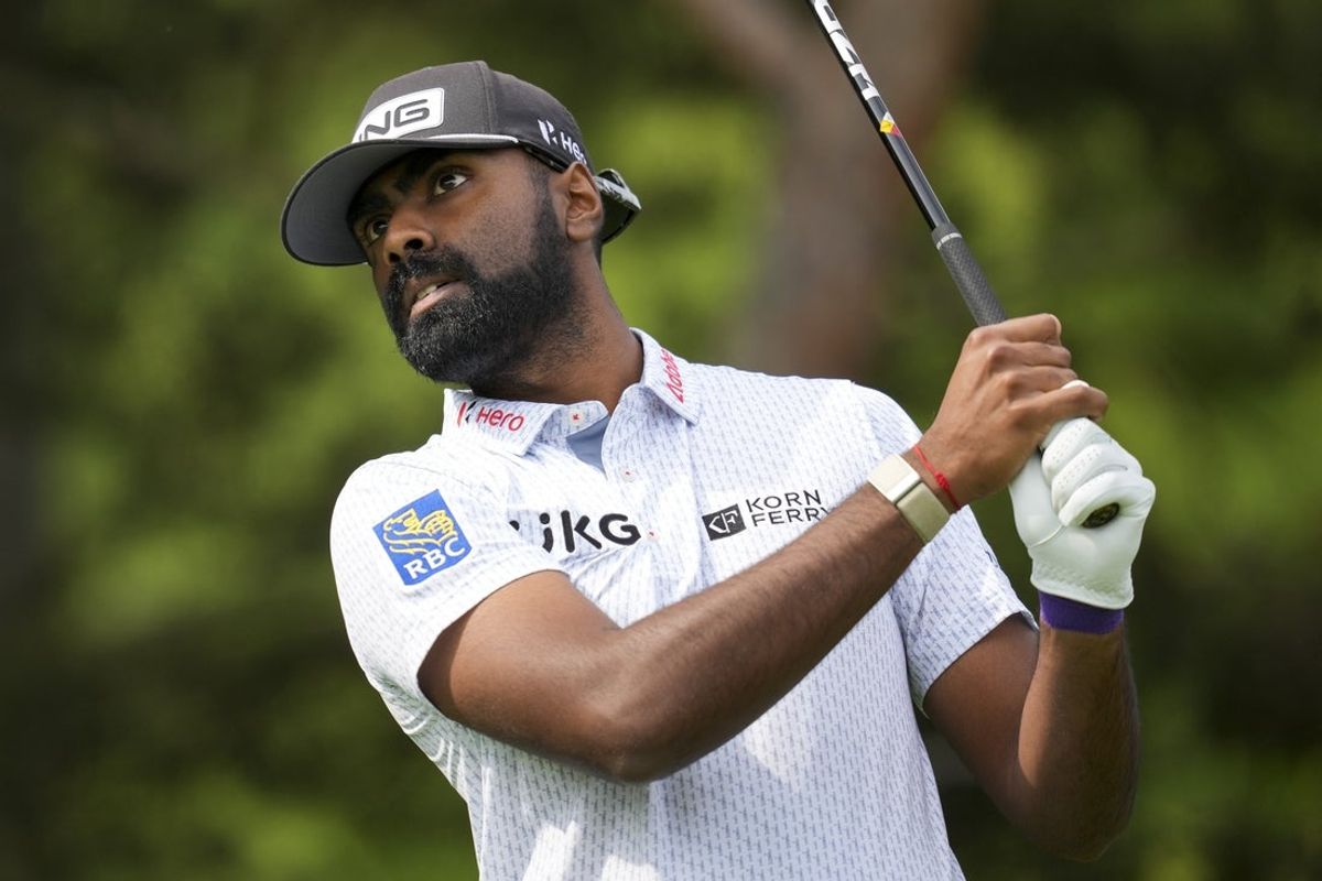 May 29, 2025; Dublin, Ohio, USA; Sahith Theegala plays his shot from the second tee during the first round of the Memorial Tournament presented by Workday golf tournament. Mandatory Credit: Aaron Doster-Imagn Images