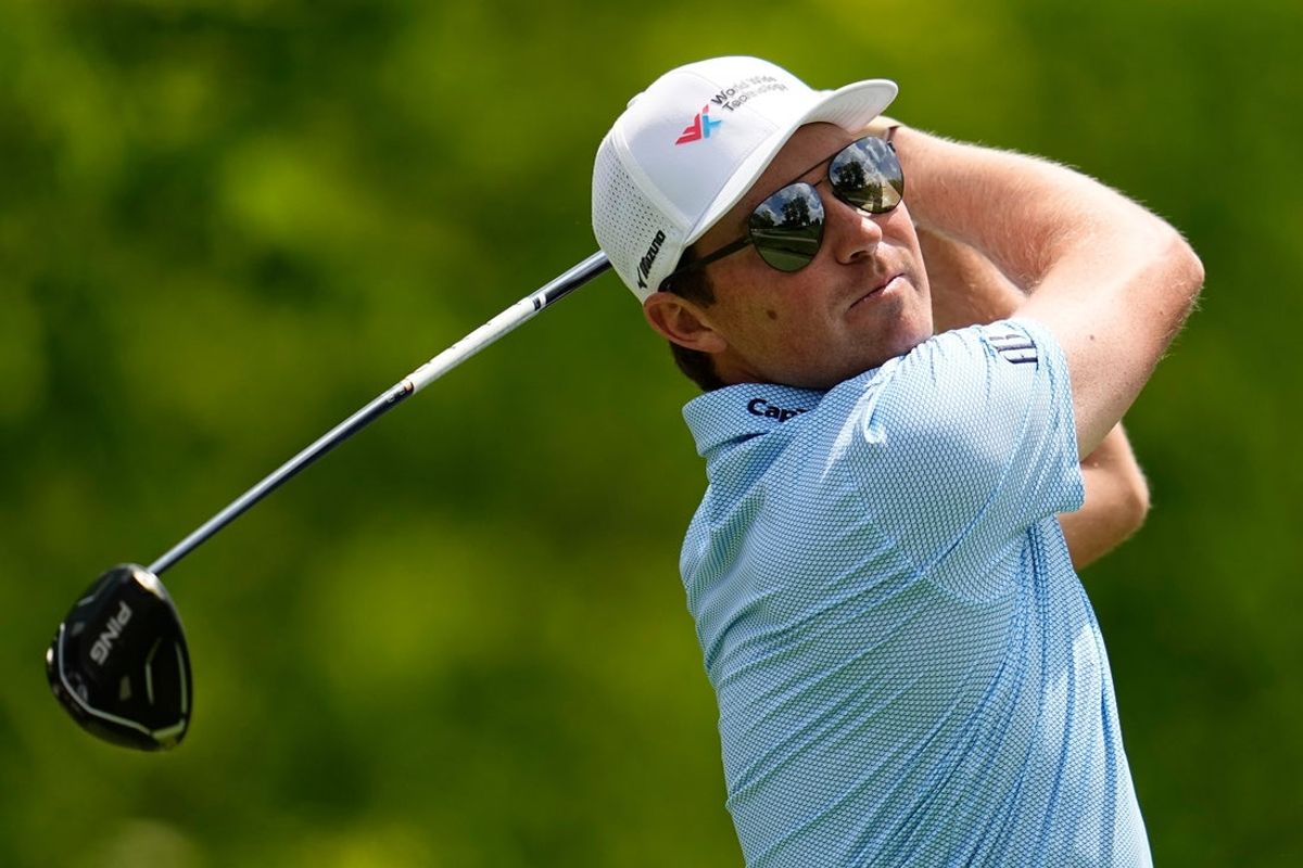 Ben Griffin tees off on 15 during the first round of the Memorial Tournament at Muirfield Village Golf Club in Dublin on May 29, 2025.