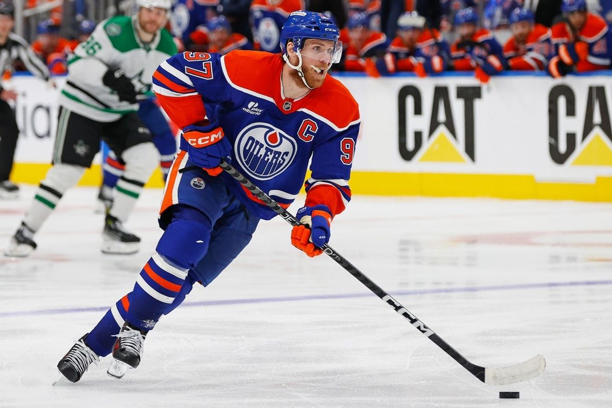 May 27, 2025; Edmonton, Alberta, CAN; Edmonton Oilers. forward Connor McDavid (97) carries the puck against the Dallas Stars in game four of the Western Conference Final of the 2025 Stanley Cup Playoffs at Rogers Place. Mandatory Credit: Perry Nelson-Imagn Images