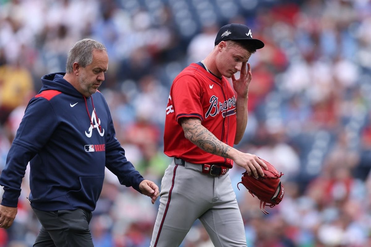 May 29, 2025; Philadelphia, Pennsylvania, USA; Atlanta Braves pitcher AJ Smith-Shawver (32) leaves the game during the third inning against the Philadelphia Phillies at Citizens Bank Park. Mandatory Credit: Bill Streicher-Imagn Images