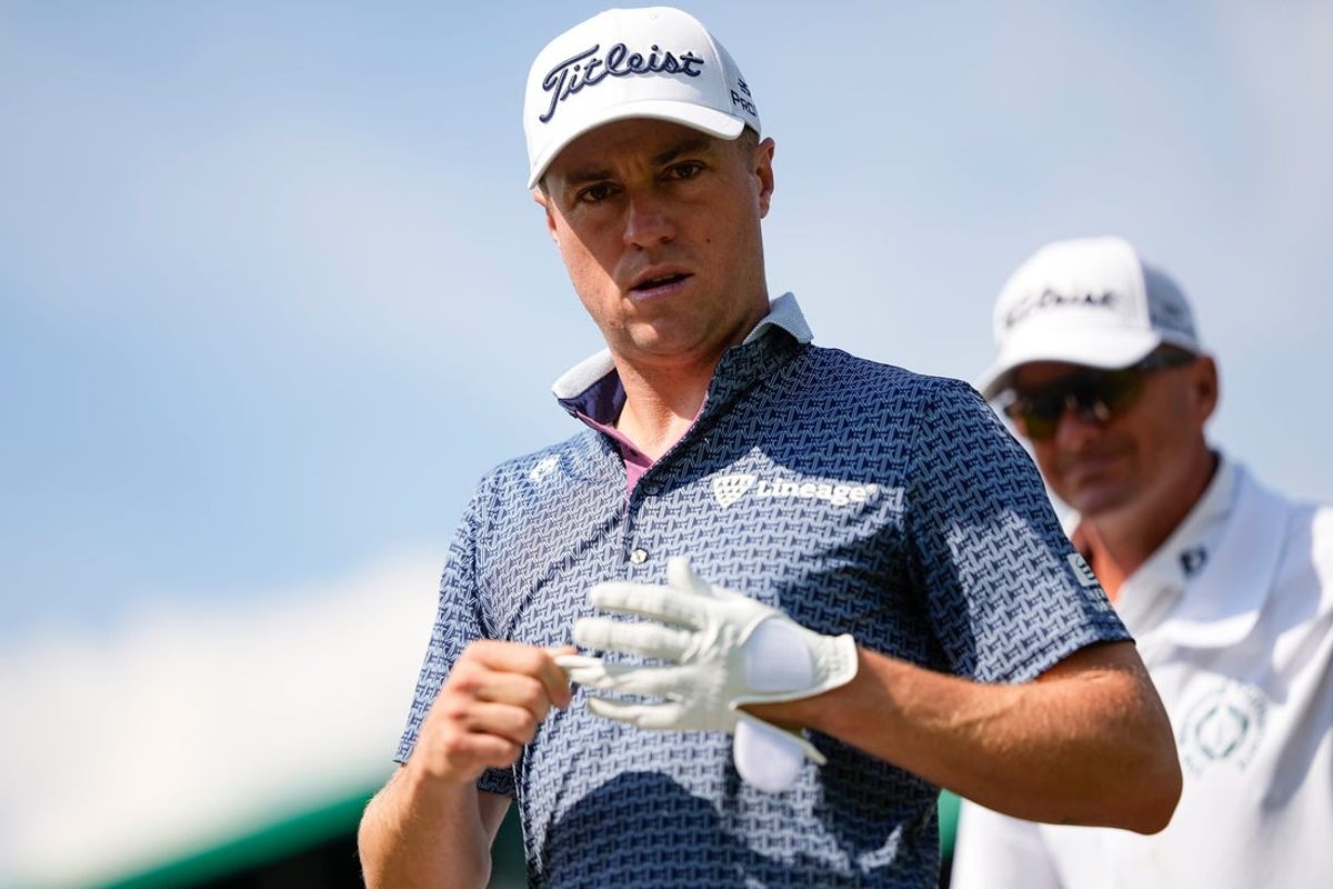 Justin Thomas walks off the 15th tee during the first round of the Memorial Tournament at Muirfield Village Golf Club in Dublin on May 29, 2025.