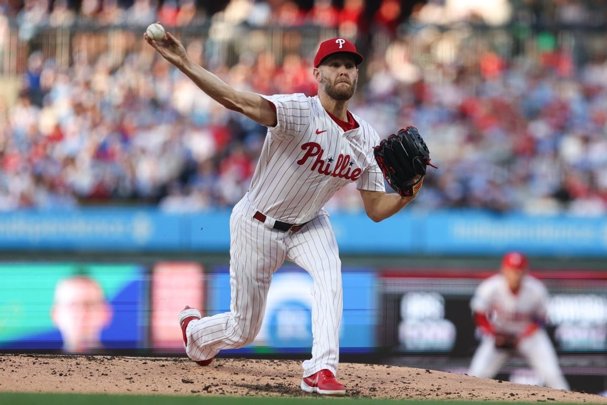 May 29, 2025; Philadelphia, Pennsylvania, USA; Philadelphia Phillies pitcher Zack Wheeler (45) throws a pitch against the Atlanta Braves during the third inning at Citizens Bank Park. Mandatory Credit: Bill Streicher-Imagn Images