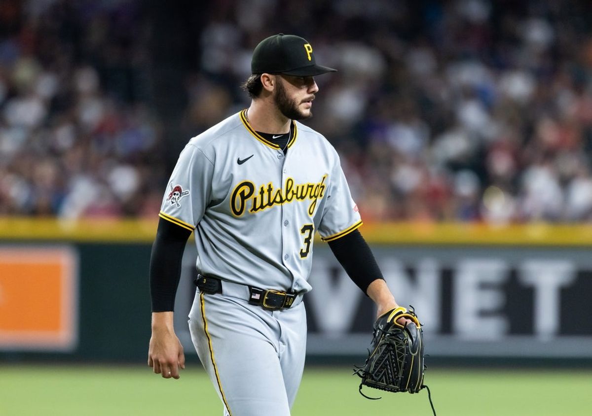 May 28, 2025; Phoenix, Arizona, USA; Pittsburgh Pirates pitcher Paul Skenes (30) against the Arizona Diamondbacks in at Chase Field. Mandatory Credit: Mark J. Rebilas-Imagn Images