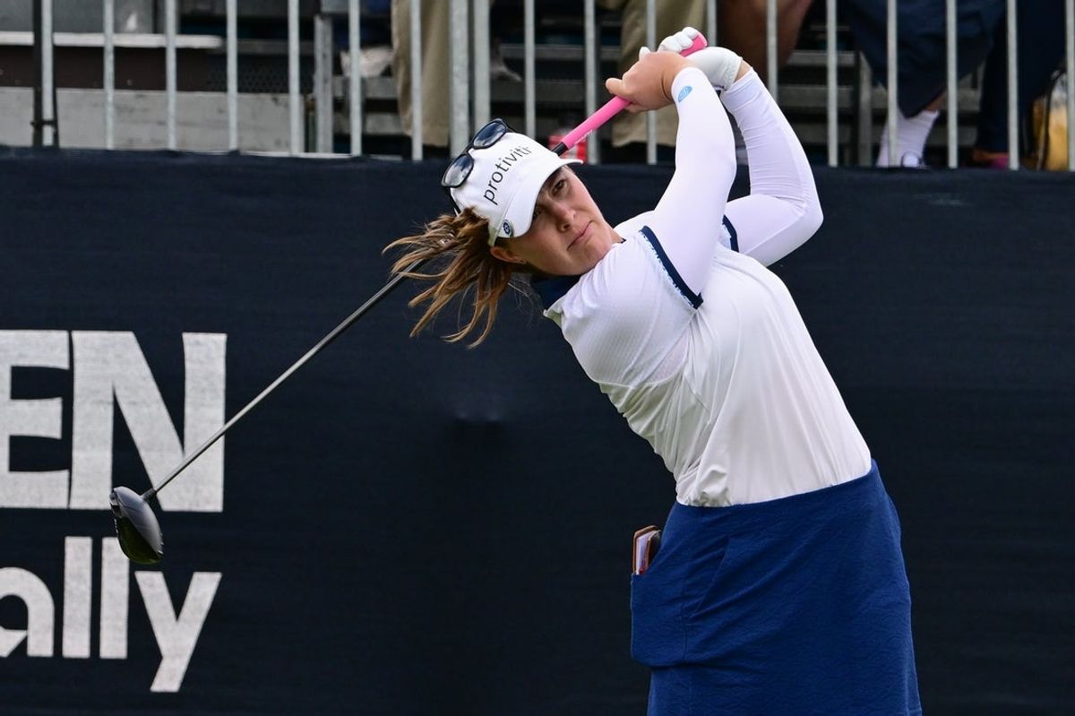 May 29, 2025; Erin, Wisconsin, USA; Jennifer Kupcho tees off at the 1st tee during the first round of the U.S. Women's Open golf tournament. Mandatory Credit: Benny Sieu-Imagn Images