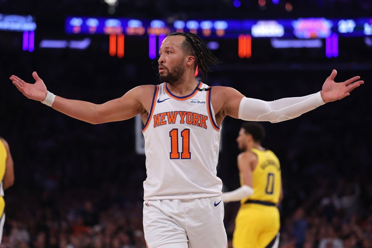 May 29, 2025; New York, New York, USA; New York Knicks guard Jalen Brunson (11) reacts in the first quarter against the Indiana Pacers during game five of the eastern conference finals for the 2025 NBA Playoffs at Madison Square Garden. Mandatory Credit: Brad Penner-Imagn Images