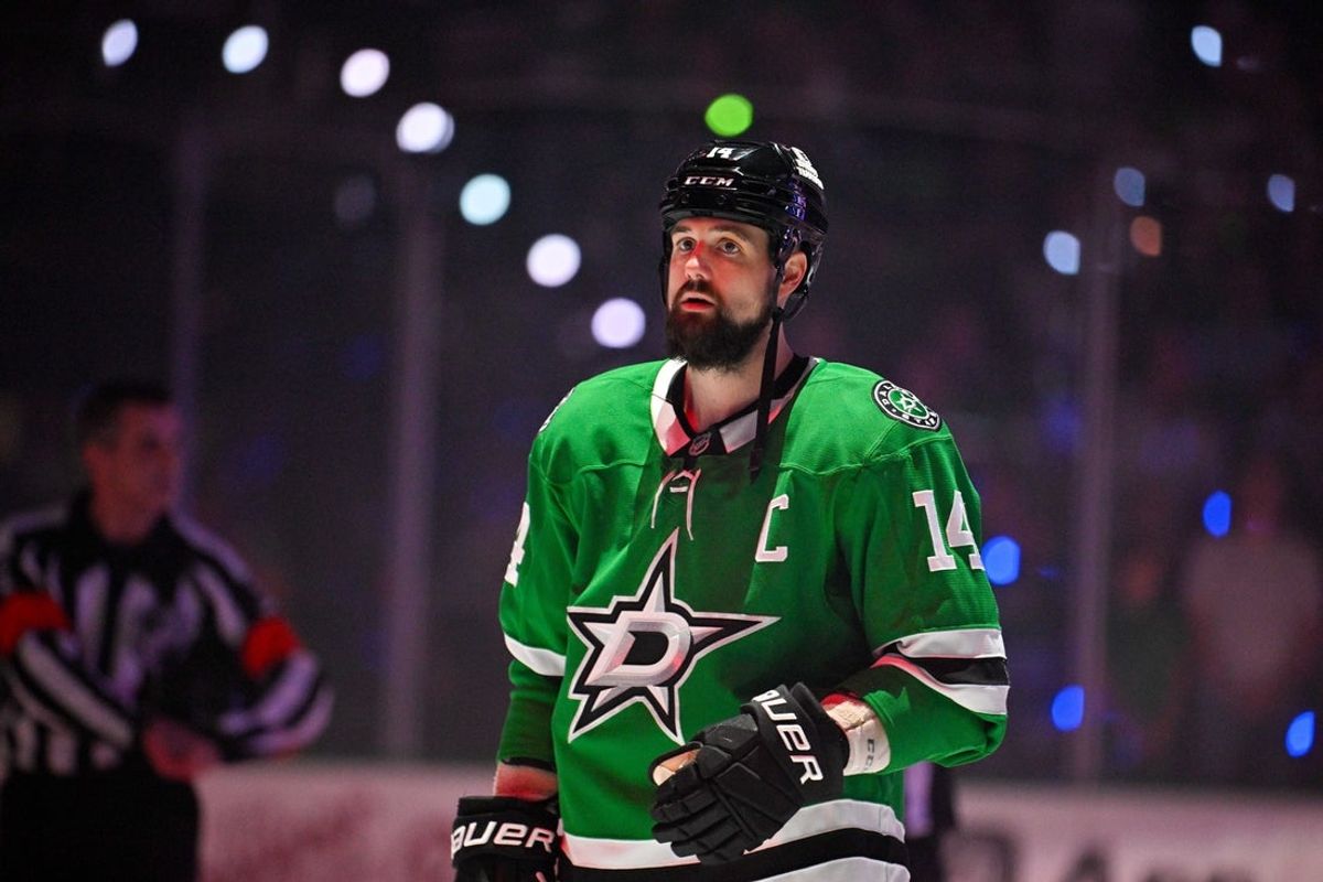 May 29, 2025; Dallas, Texas, USA; Dallas Stars left wing Jamie Benn (14) is introduced before the game against the Edmonton Oilers in game five of the Western Conference Final of the 2025 Stanley Cup Playoffs at American Airlines Center. Mandatory Credit: Jerome Miron-Imagn Images