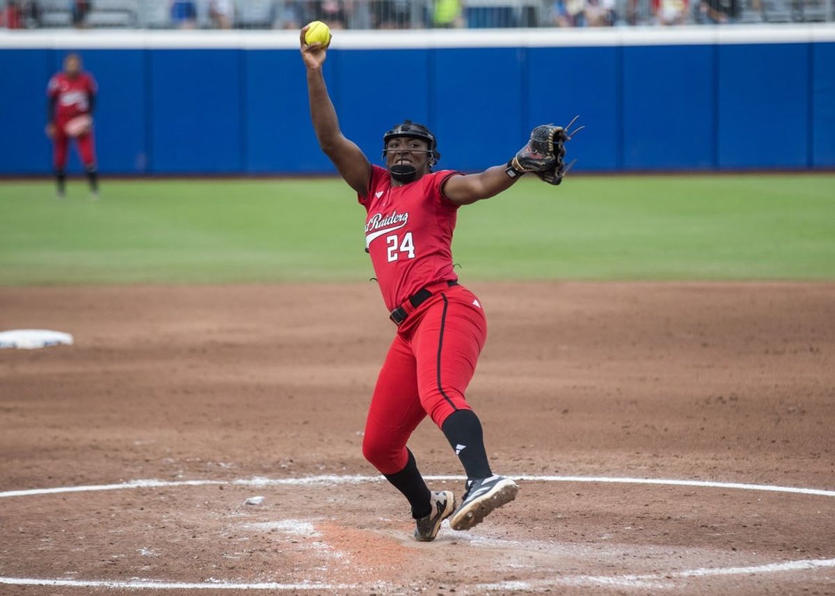 May 29, 2025; Oklahoma City, OK, USA;  Texas Tech Red Raiders pitcher NiJaree Canady (24) throws a pitch in the third inning against the Ole Miss Rebels during the NCAA Softball Women's College World Series at Devon Park. Mandatory Credit: Brett Rojo-Imagn Images