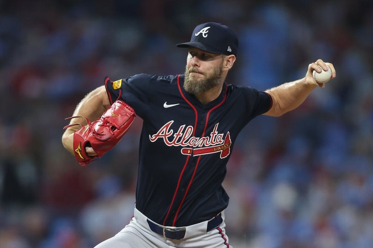 May 29, 2025; Philadelphia, Pennsylvania, USA; Atlanta Braves pitcher Chris Sale (51) throws a pitch during the sixth inning against the Philadelphia Phillies at Citizens Bank Park. Mandatory Credit: Bill Streicher-Imagn Images
