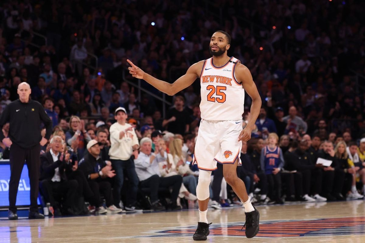 May 29, 2025; New York, New York, USA; New York Knicks forward Mikal Bridges (25) reacts in the fourth quarter against the Indiana Pacers during game five of the eastern conference finals for the 2025 NBA Playoffs at Madison Square Garden. Mandatory Credit: Vincent Carchietta-Imagn Images