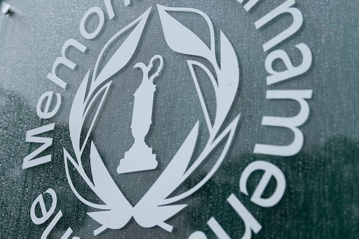 Rain drops collect on the sign behind the first tee during the second round of the Memorial Tournament at Muirfield Village Golf Club in Dublin on May 30, 2025.
