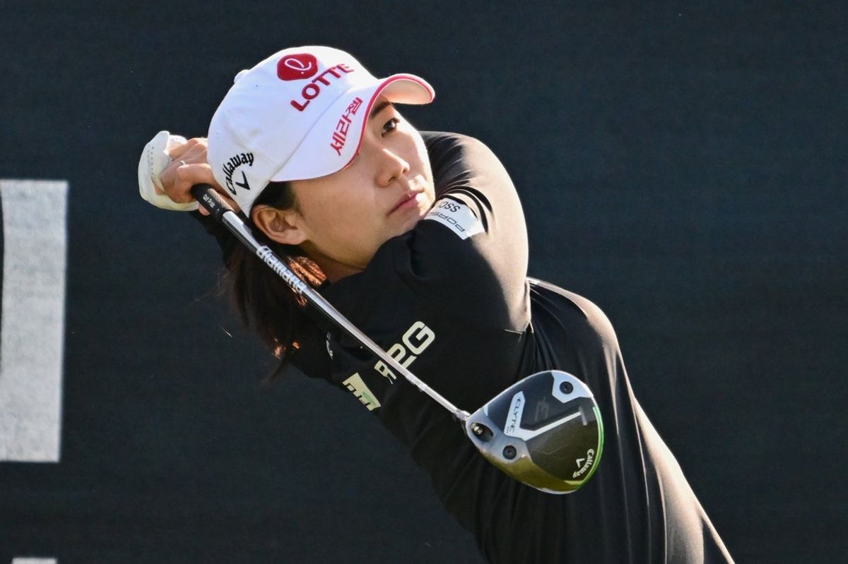 May 30, 2025; Erin, Wisconsin, USA; Youmin Hwang tees off on the 1st hole during the second round of the U.S. Women's Open golf tournament. Mandatory Credit: Benny Sieu-Imagn Images