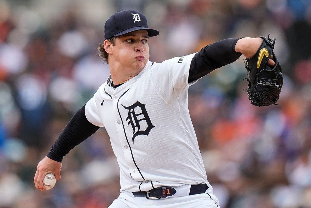 Detroit Tigers pitcher Jackson Jobe throws against the San Francisco Giants during the first inning at Comerica Park in Detroit on Wednesday, May 28, 2025.