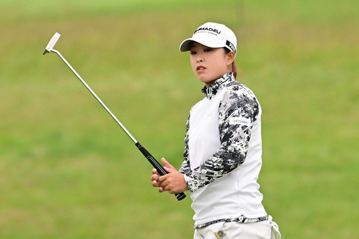 May 30, 2025; Erin, Wisconsin, USA; Mao Saigo reacts at the 9th green during the second round of the U.S. Women's Open golf tournament. Mandatory Credit: Benny Sieu-Imagn Images