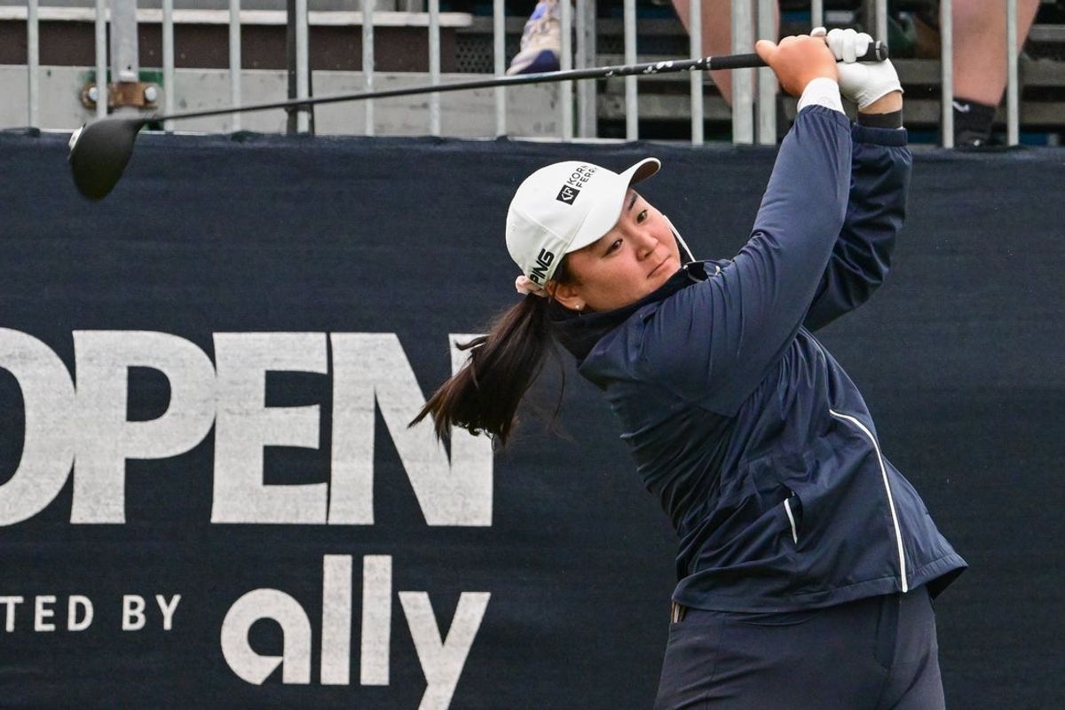 May 30, 2025; Erin, Wisconsin, USA; Allisen Corpuz tees off at the 1st hole during the second round of the U.S. Women's Open golf tournament. Mandatory Credit: Benny Sieu-Imagn Images