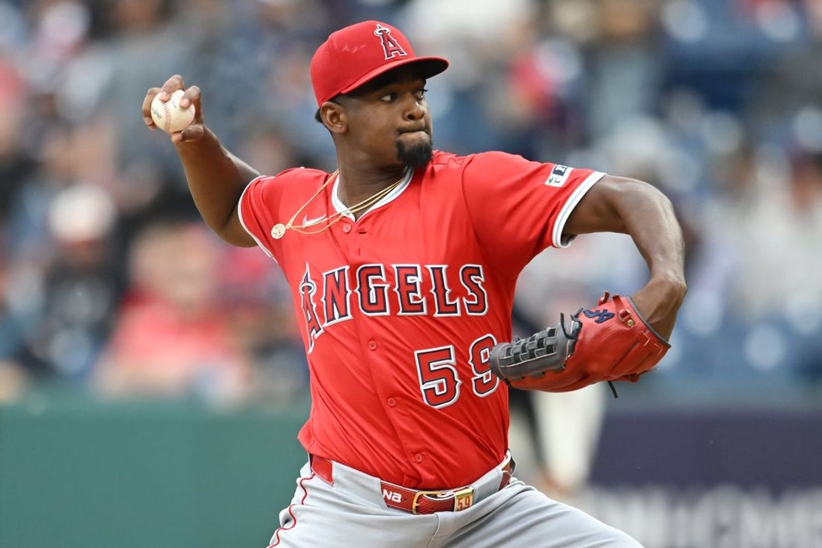 May 30, 2025; Cleveland, Ohio, USA; Los Angeles Angels starting pitcher Jose Soriano (59) throws a pitch during the first inning against the Cleveland Guardians at Progressive Field. Mandatory Credit: Ken Blaze-Imagn Images