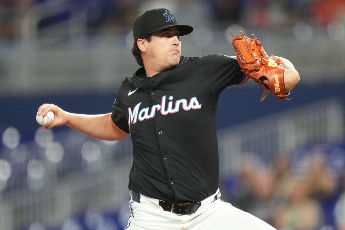 May 30, 2025; Miami, Florida, USA;  Miami Marlins pitcher Cal Quantrill (47) pitches in the first inning against the San Francisco Giants at loanDepot Park. Mandatory Credit: Jim Rassol-Imagn Images