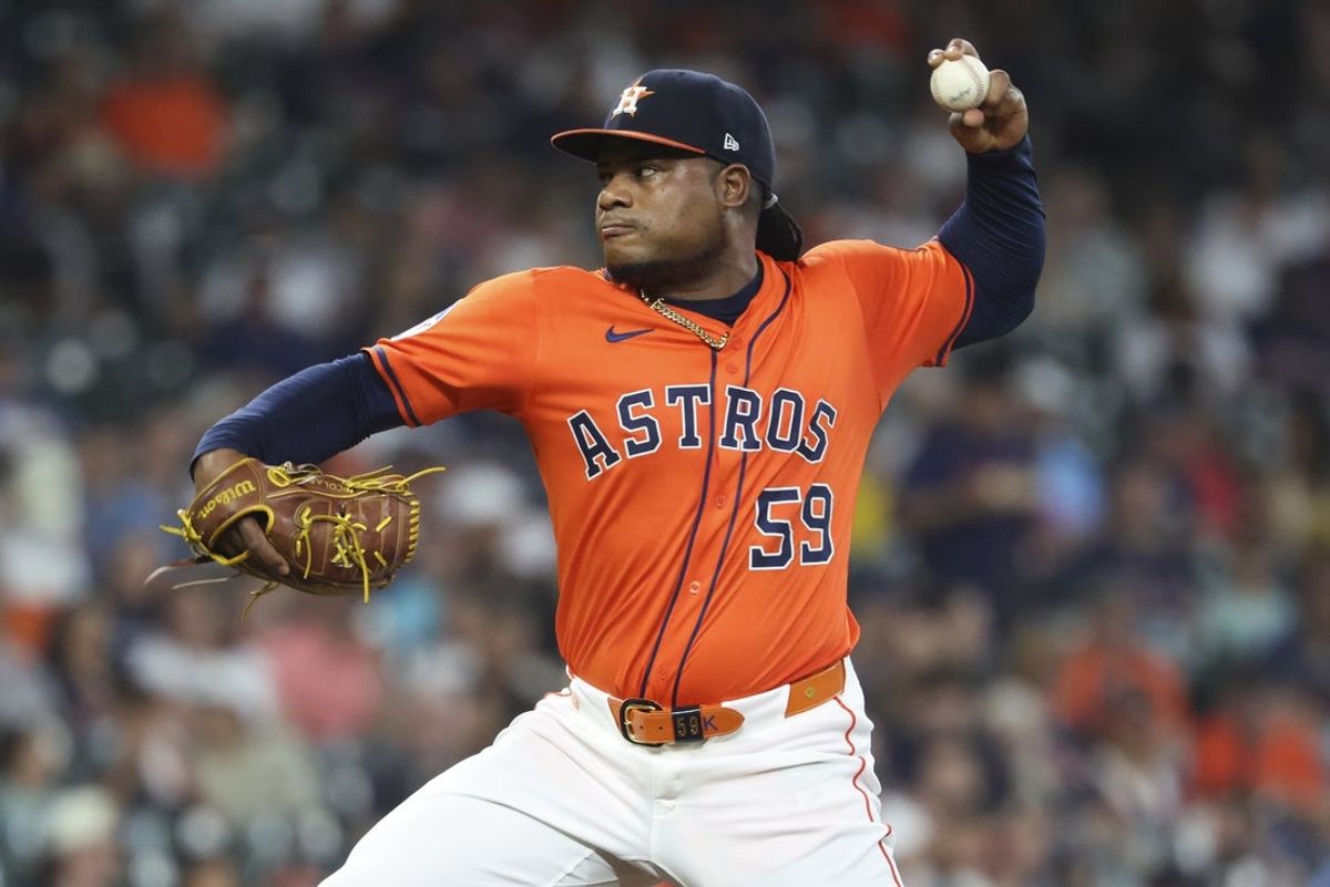 May 30, 2025; Houston, Texas, USA; Houston Astros starting pitcher Framber Valdez (59) delivers a pitch during the first inning against the Tampa Bay Rays at Daikin Park. Mandatory Credit: Troy Taormina-Imagn Images