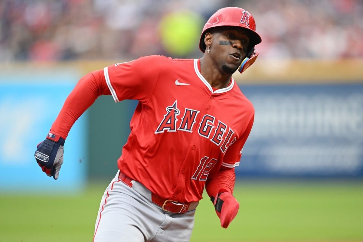 May 30, 2025; Cleveland, Ohio, USA; Los Angeles Angels right fielder Jorge Soler (12) rounds third base en route to scoring during the second inning against the Cleveland Guardians at Progressive Field. Mandatory Credit: Ken Blaze-Imagn Images