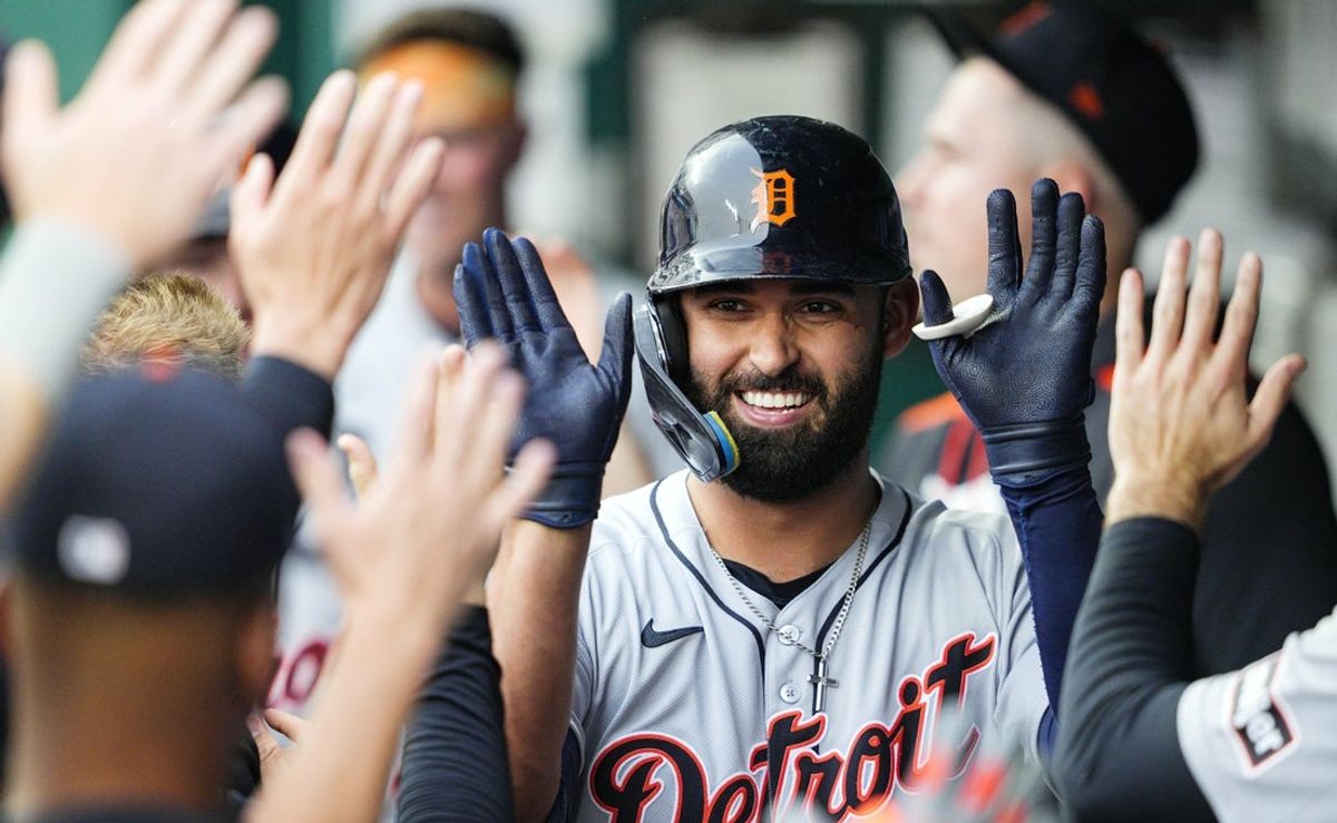 May 30, 2025; Kansas City, Missouri, USA; Detroit Tigers left fielder Riley Greene (31) is congratulated by teammates after after hitting a home run during the first inning against the Kansas City Royals at Kauffman Stadium. Mandatory Credit: Jay Biggerstaff-Imagn Images